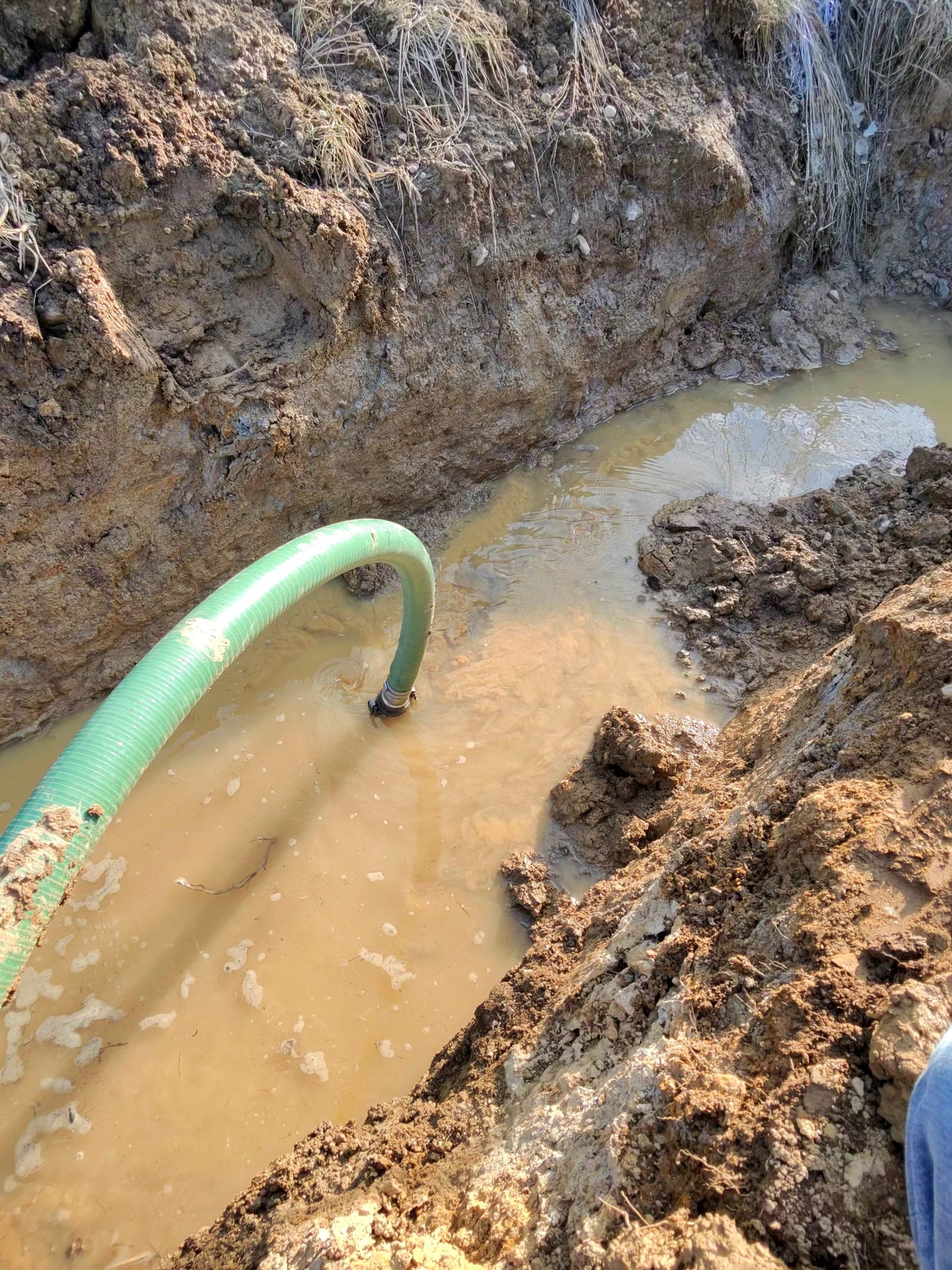 Pump hose removing standing water from the footer trench